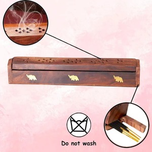 Santarms Wooden Agarbatti Stand Handmade <b>Incense</b> Holder <b>Box</b> with Brass Elephant Inlay & Ash Catcher Lid for Home Temple Office - Product Image 4