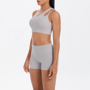 Seamless Gray 2 Piece Yoga Set Racerback Crop Top High Waist Shorts Solid Color Activewear - Product Image 1