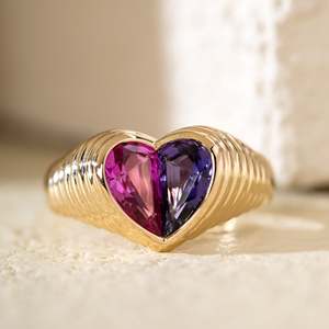 Wholesale Heart Lab Grown Pink and Purple Sapphire 14K Solid Yellow <b>Gold</b> <b>Ring</b> Luxury Bezel <b>Set</b> Toi et Moi Half Heart Fancy <b>Ring</b> - Product Image 1