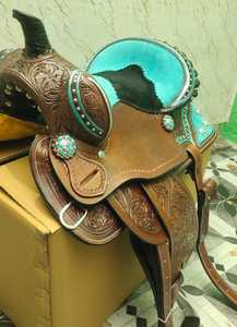 OEM <b>EQUESTRIAN</b> HORSE SINGLE BARREL TRAIL LEATHER WESTERN SADDLE HAND TOOLED TURQUOISE SUEDE SEAT WITH HEADSTALL BREASTPLATE SET - Product Image 4
