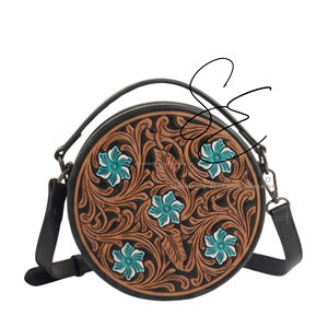 Boho Turquoise Floral <b>Tooled</b> <b>Leather</b> Canteen Bag Black Round Crossbody Purse Genuine <b>Leather</b> Women - Product Image 2