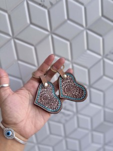 Unique Designer Hand Tooled Leather Key Chain Turquoise Colour Heart-Shaped Key Earrings Hot Sale Light Weight Key <b>Rings</b> - Product Image 5