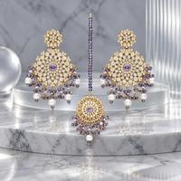 Ensemble de boucles d'oreilles et de maang tikka plaquées or avec pierres violettes et fausses perles, bijoux de mariée pakistanais, fabrication en gros