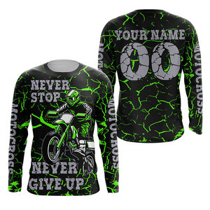 Moto <b>Skull</b> Design Men's Long Sleeve Motocross Jersey Full Sublimation Print Quick Dry Racing Shirt Green Black White - Product Image 2