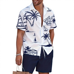 Ensemble chemise et short pour homme, vintage, tissé, été, 100% coton satiné, séchage rapide, manches courtes, 2 pièces, cadeau de vacances, plage, boutonné - Product Image 1