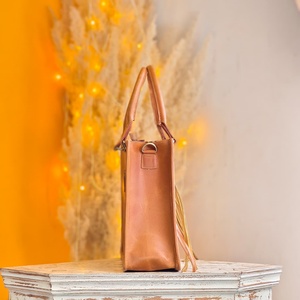 Western Genuine Leather Tote <b>Bag</b> With Cowhide Panel And Floral Embroidery Bohemian Style Daily Use - Product Image 4
