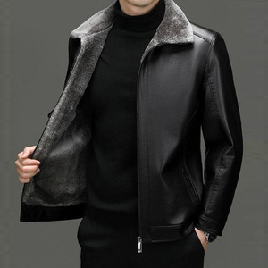 Veste en cuir PU noir pour homme, col montant, fermeture éclair, doublure en fausse fourrure, style motard hiver, coupe régulière épaisse - Product Image 4