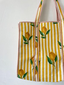 Sac fourre-tout en coton rayé jaune de qualité supérieure avec imprimé citron, style bohème, sac à main ouvert décontracté d'été pour femmes - Product Image 2