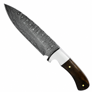 Cuchillo de hoja fija con mango de madera marrón oscuro, patrón Damasco, guardacuchillo plateado, hoja grabada gris y remaches de latón para exteriores - Product Image 1