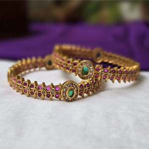 Antique Gold Plated Kemp <b>Bangles</b>-<b>Copper</b> Alloy Bracelets with Pearl and Diamond Accents for Party - Product Image 2