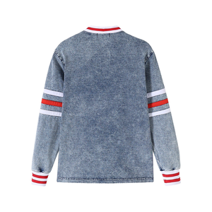 Delta Denim Varsity <b>Cardigan</b> Winter Thick Washed Blue V Neck Button Front Knit <b>Red</b> White Stripe Trim Custom Greek Letter Style - Product Image 5