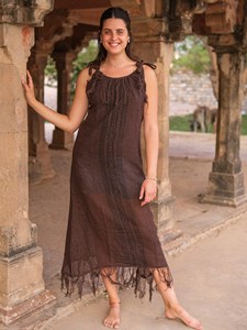 Handcrafted Women Cotton Linen Boho <b>Maxi</b> Dress with Shoulder Tie Straps Traditional Geometric Block Print Panel Dress For Women - Product Image 2