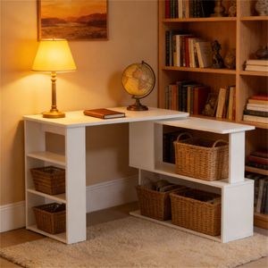 White Home Office Corner <b>Computer</b> <b>Desk</b> with Storage Rack for Writing - Product Image 2