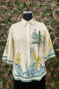 Camisa de algodón con botones para mujer, estampado de cocoteros tropicales, ropa de verano, top ligero de manga corta estilo bohemio - Product Image 2