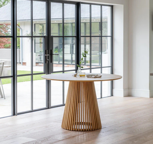 ชุดโต๊ะอาหารทรงกลมไม้มินดีแบบทันสมัย พร้อมเก้าอี้หุ้มเบาะและฐานขาตั้งแบบร่อง สำหรับห้องรับประทานอาหาร บ้านพักอาศัย หรือวิลล่า - Product Image 3