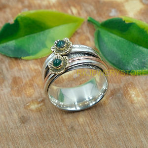 Natural Green Onyx <b>Spinner</b> Ring | 925 Sterling Silver Handmade Hammered <b>Fidget</b> Ring with Brass & Copper | Thumb Ring Jewelry - Product Image 5