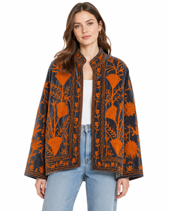 Women Velvet Embroidered <b>Jacket</b> Handmade Suzani Embroidery Floral Boho Vintage Quilted Short Coat - Product Image 1