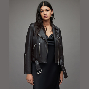 Veste de motard slim fit en cuir véritable imprimé écologique noir pour femme, vêtement d'extérieur tendance pour l'hiver, veste en cuir véritable pour femme - Product Image 1
