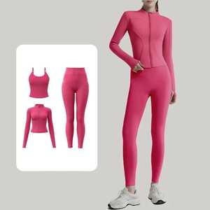 <b>Ladies</b> 3-Piece Workout High-Waisted Seamless Leggings Full-Zip Long Sleeve <b>Jacket</b> & Sports <b>Crop</b> Top Gym Athletic Outfits - Product Image 2