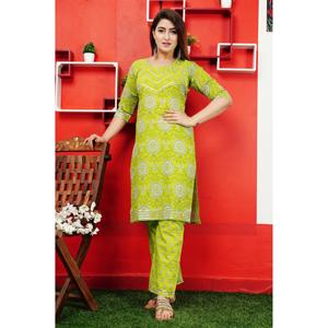 ชุดส่าหรีทรงฟิตเฟลร์ผ้าฝ้ายพิมพ์ลายดิจิทัลสีเขียวมะนาวสุดเก๋  สำหรับผู้หญิง  ชุดพื้นเมืองสไตล์อินเดีย ปากีสถาน  แฟชั่นอาร์ตี - Product Image 5