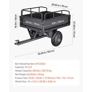 10 Cu. Rimorchio da Giardino in Acciaio con Capacità di 500 Libbre, Carrello Ribaltabile con Pneumatici da 14 Pollici, Rimorchio per ATV/UTV con Meccanismo di Traino Manuale - Product Image 5