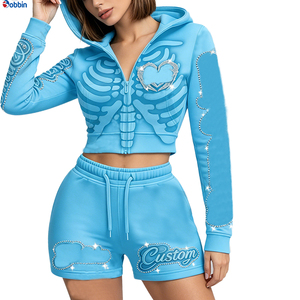 Top Trending Hot Selling Women's Blue Skeleton Hoodie Shorts Set <b>Rhinestone</b> Decor Y2K Style Spring Summer Sportswear 2 Piece Set - Product Image 1