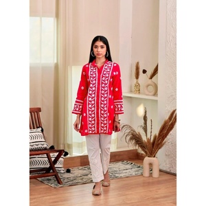 DESIGNER RAYON CHIKANKARI TRAVAIL PRÊT À PORTER COURT KURTI ROUGE - Product Image 1