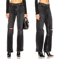 Jean en denim noir délavé taille mi-haute coupe droite pour femme grande taille, style décontracté automne, longueur complète