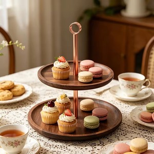 ชั้นวางเค้ก 2 ชั้น วอลนัท ถาดเสิร์ฟขนมหวานไม้ พร้อมหูจับโลหะ สำหรับงานเลี้ยงน้ำชา จัดแสดงเบเกอรี่ ART ZONE INTERNATIONAL - Product Image 5