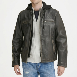 Chaqueta de Cuero para Hombre con Capucha, Cuello Camisero, Cierre de Cremallera, Estilo Motero, Color Sólido, Manga Regular, para Otoño - Product Image 2