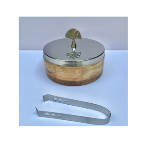 Boîte à chapati en bois avec couvercle en acier, pince à poignée, fait main, ronde, excellente qualité, vente en gros - Product Image 1