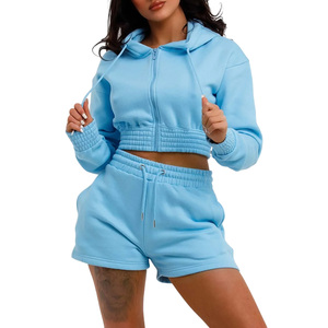 Conjunto de Sudadera Corta con Capucha Azul Claro para Mujer con Pantalones Cortos, Cierre de Cremallera, Color Sólido, Ropa Casual - Product Image 1