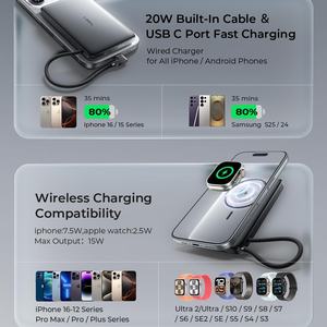 Lisen אולטרה-דק 3-in-1 10000mah בנק כוח מגנטי עם מובנה USB USB כבל USB מובנה עבור iPhone 17 16 Iwatch - Product Image 6