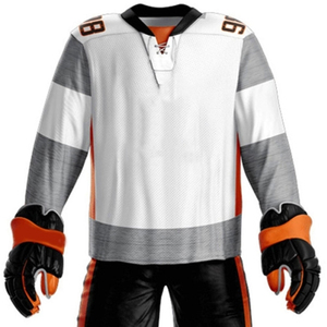 Custom Sublimation Ice Hockey Uniform Set – Professional White, Grey, and <b>Orange</b> Team Jersey with Matching Black Shorts and <b>Sock</b> - Product Image 4