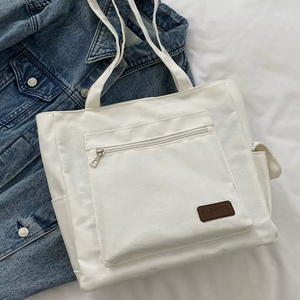 Sac fourre-tout en toile blanche avec poche zippée pour femme, idéal pour le shopping quotidien, le bureau, l'école, les voyages en plein air, grand sac de transport en coton - Product Image 1