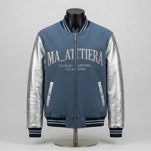 Men Blue Wool <b>Jacket</b> <b>Silver</b> Metallic Leather Sleeves Full Zip Bomber Custom Embroidered Premium Streetwear - Product Image 1