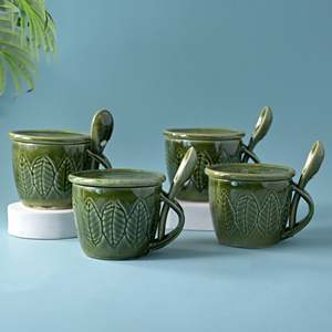 <b>Green</b> Bliss Ceramic Cup Set of 4 200/300ml <b>Microwave</b> Safe Milk Mugs with Tray Featuring Unique Pattern and Logo - Product Image 6