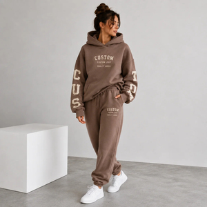 Ensemble sweat à capuche et pantalon de jogging en molleton 100 % coton, marron hiver, avec logo personnalisé, style streetwear décontracté - Product Image 1