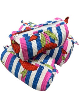 Set 3 Best Quality 100% Cotton Hand Block Printed Quilted Zipper Travel Cosmetic Pouch Utility <b>Bag</b> Lightweight Foldable - Product Image 3