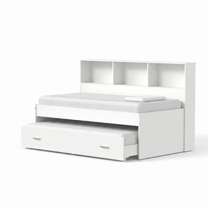 Lit de repos moderne 2227 avec lit gigogne intégré, tête de lit bibliothèque à 3 compartiments et étagères de rangement, mobilier en bois pour chambre d'enfant - Product Image 2