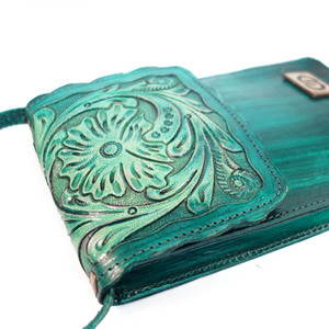 Bolso de Hombro de Cuero Vintage Unisex, Bolso de Viaje de Cuero Genuino, para Teléfono Móvil, Pasaporte, Tarjetas de Crédito, con Diseño Floral en Color Verde Azulado - Product Image 5