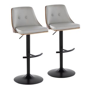 Sgabello da Bar Gianna Stile Mid-Century Moderno, Regolabile e Girevole, in Metallo Nero e Legno di Noce, Seduta Arrotondata in Ecopelle Grigio Chiaro - Product Image 1