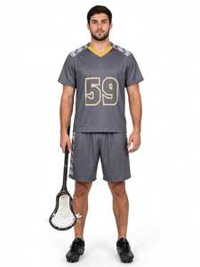 Ensemble uniforme de lacrosse sublimé gris pour hommes, col en V, numéro 59, maillot athlétique à manches courtes et short - Product Image 1