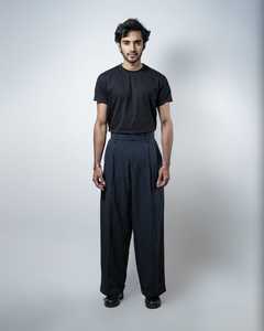 Pantalon plissé à rayures fines bleu marine pour homme, coupe large, taille haute, en polyester/coton doux de poids moyen, personnalisable avec logo, vente en gros, OEM, ODM - Product Image 1