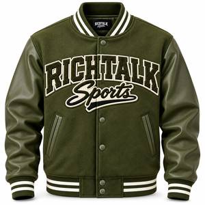 Veste varsity slim fit vert olive pour homme avec logo brodé sur le devant, col rabattu bicolore pour l'automne - Product Image 1