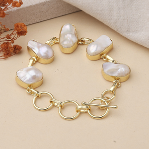 Handcrafted Pearl Chain <b>Bracelet</b> for Women Gold Plated Statement Link <b>Bracelet</b> Vintage Inspired Jewelry - Product Image 2