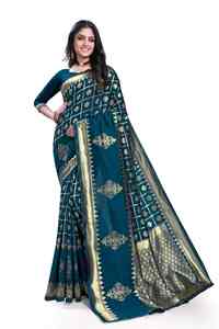 Sari de seda color verde azulado con borde dorado y motivos florales, sari para bodas y festivales, ropa tradicional india étnica para mujer - Product Image 6