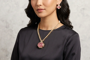 ชุดเครื่องประดับชุบทองคลาสสิก พร้อมจี้เพทายสีชมพูและต่างหูเข้าชุดสำหรับผู้หญิง ดีไซน์เรขาคณิตสำหรับงานแต่งงาน - Product Image 3