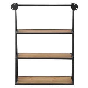 Étagère murale industrielle à 3 niveaux en métal noir avec cadre en bois, présentoir flottant pour salon, cuisine, bureau - Product Image 3