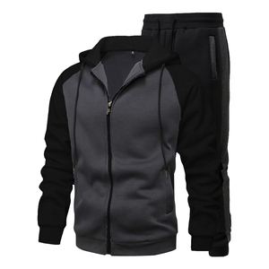 Ensemble de survêtement décontracté pour homme, noir et gris, à capuche, manches longues, fermeture éclair, couleur unie, respirant, coupe régulière, idéal pour l'automne - Product Image 2